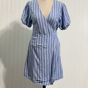 Old Navy Dress Womens L Linen Blue White Striped Wrap Puff Sleeve Boho Coastal